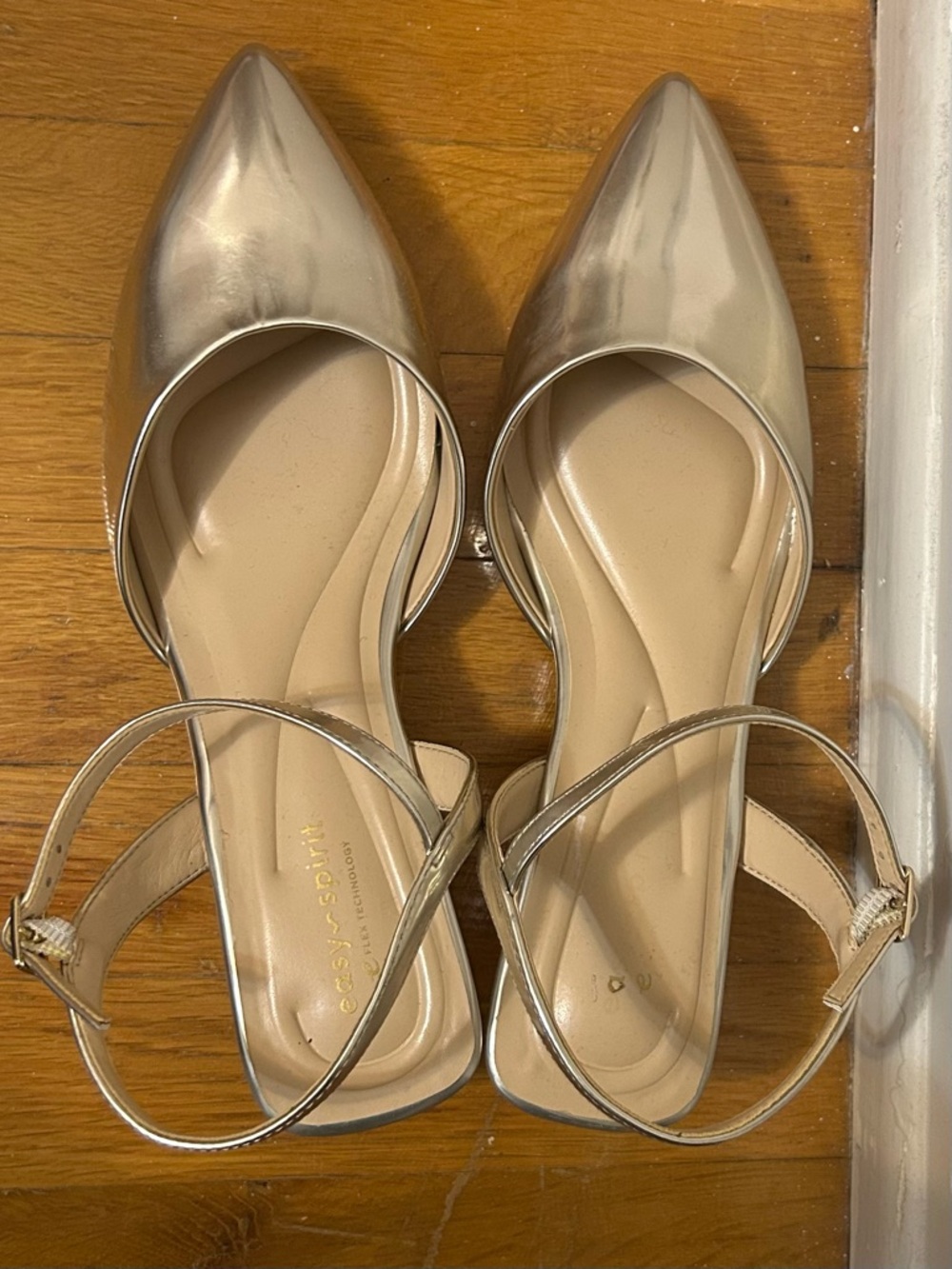 Easy Spirit Metallic Champagne Pointed-Toe D'Orsay Flats with Ankle Strap